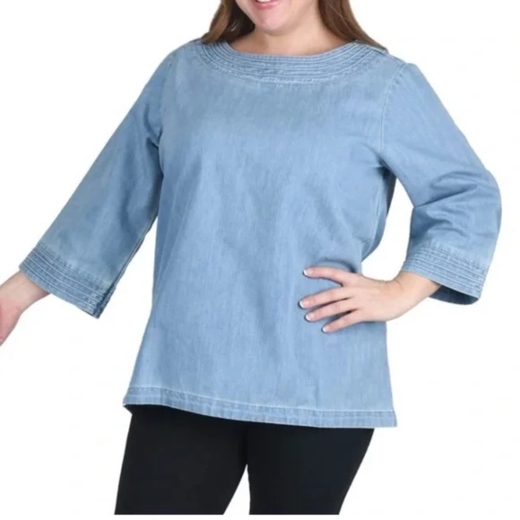 Martha Stewart light Blue Denim 3/4 Sleeve Top Blouse New Sizes S & M - Picture 1 of 6